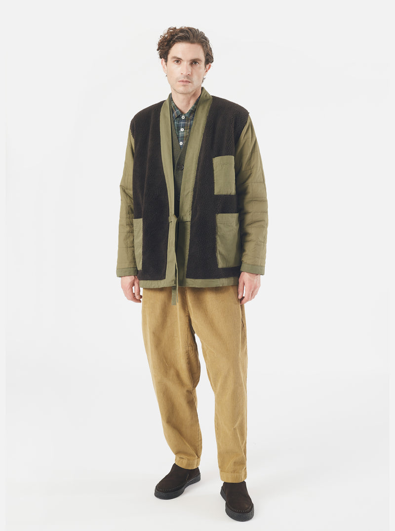 Universal Works Reversible Kyoto Work Jacket in Light Olive Twill/Sherpa