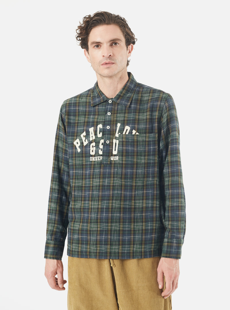 Universal Works Pullover L/S Shirt in Green Ikat Twill Check