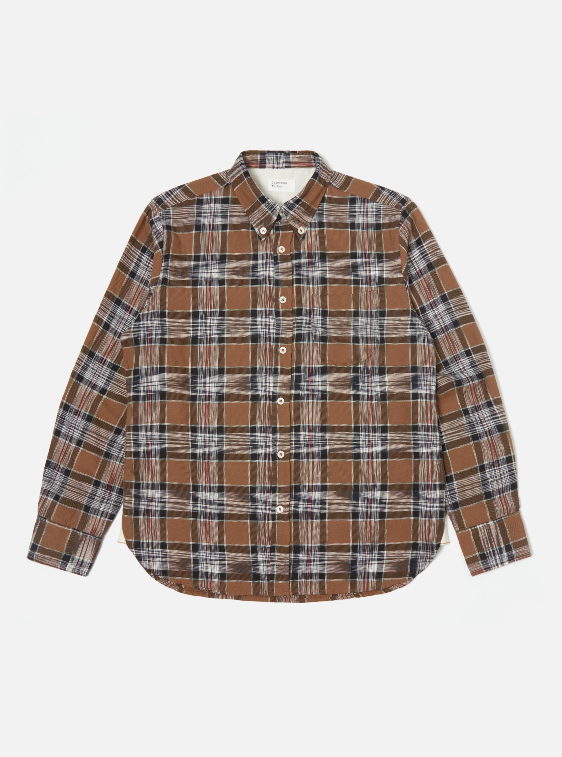 Universal Works Daybrook Shirt in Brown Ikat Twill Check