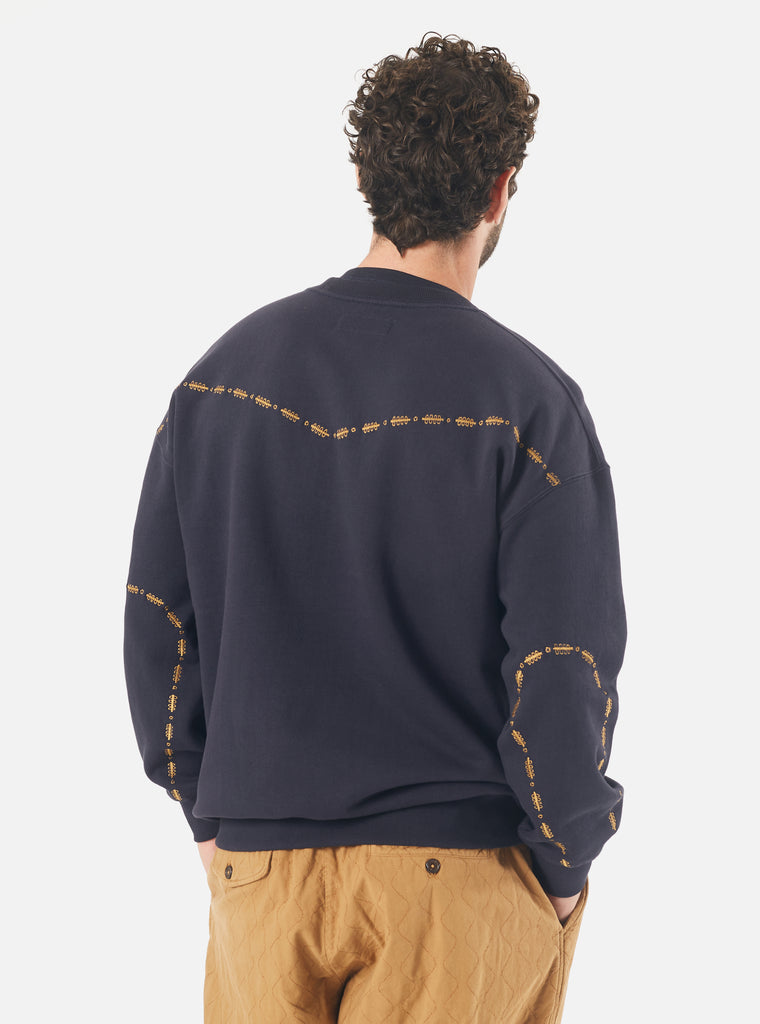 Universal Works Oversized Crew Sweatshirt in Navy Embroidered Brushback