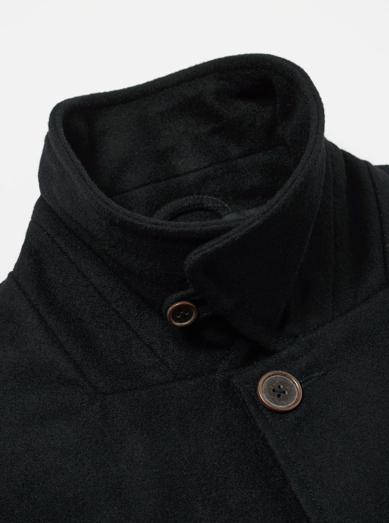 Universal Works Long Swing Overcoat in Black Mowbray