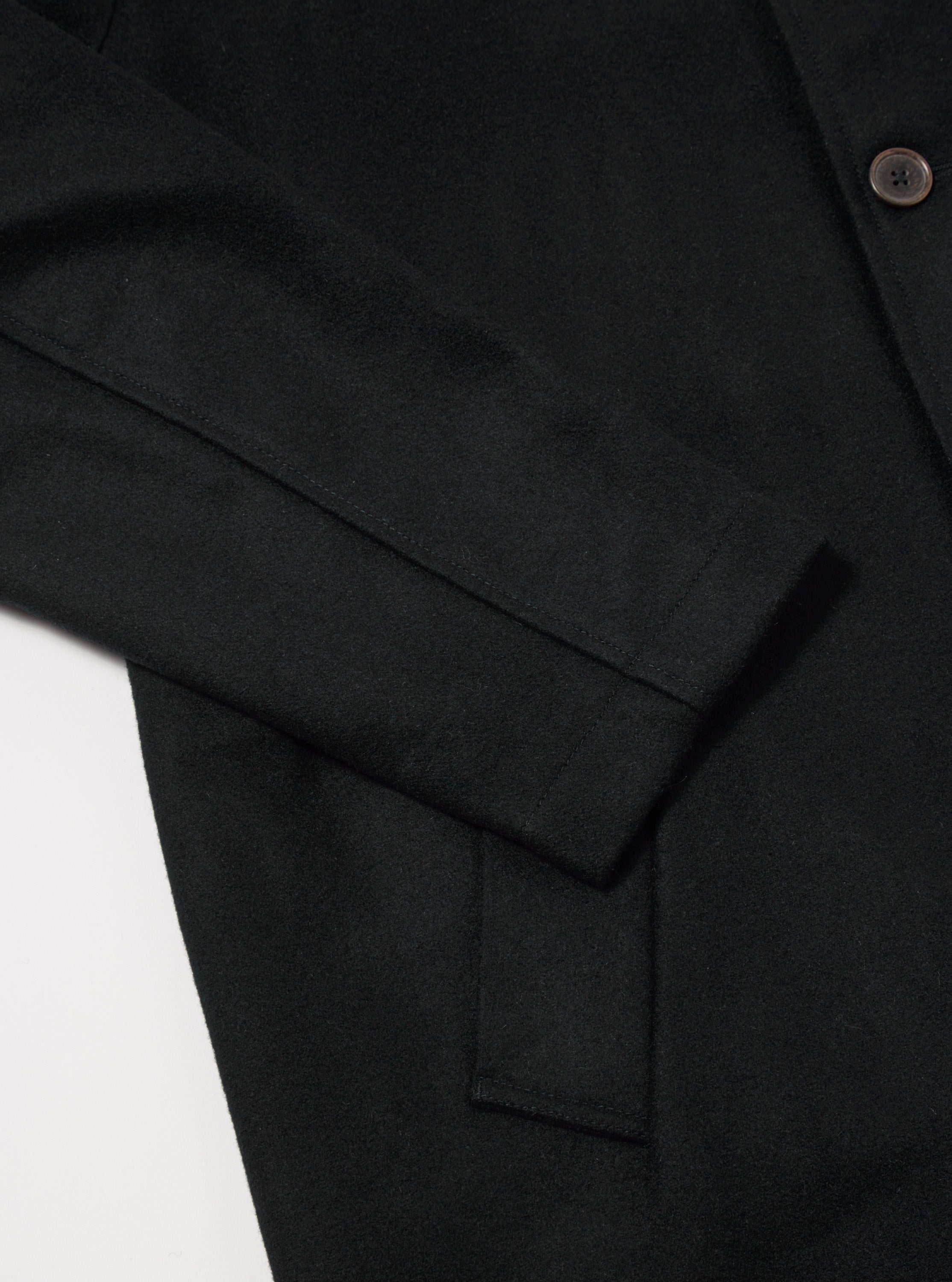 Universal Works Long Swing Overcoat in Black Mowbray