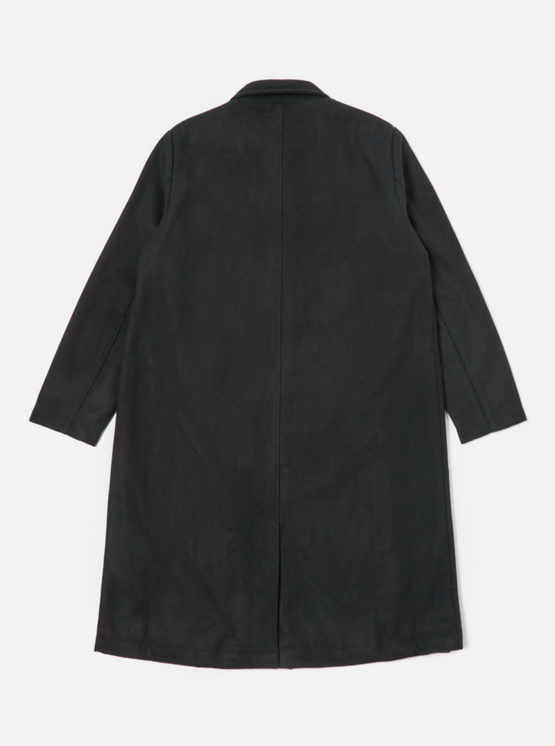 Universal Works Long Swing Overcoat in Black Mowbray