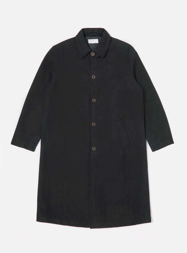 Universal Works Long Swing Overcoat in Black Mowbray