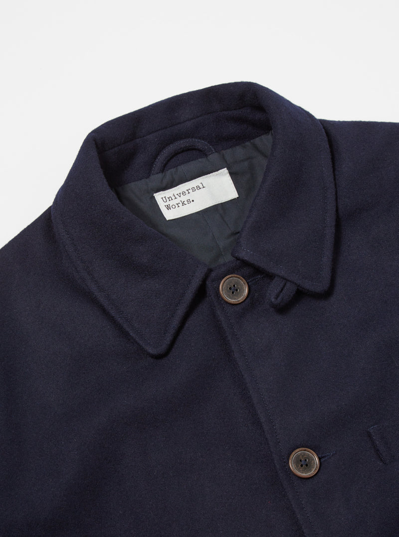 Universal Works Long Swing Overcoat in Navy Mowbray