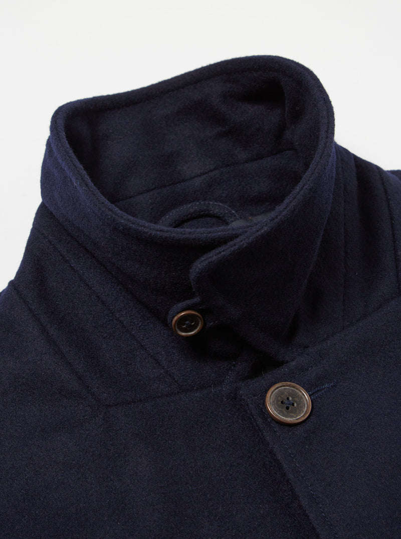 Universal Works Long Swing Overcoat in Navy Mowbray