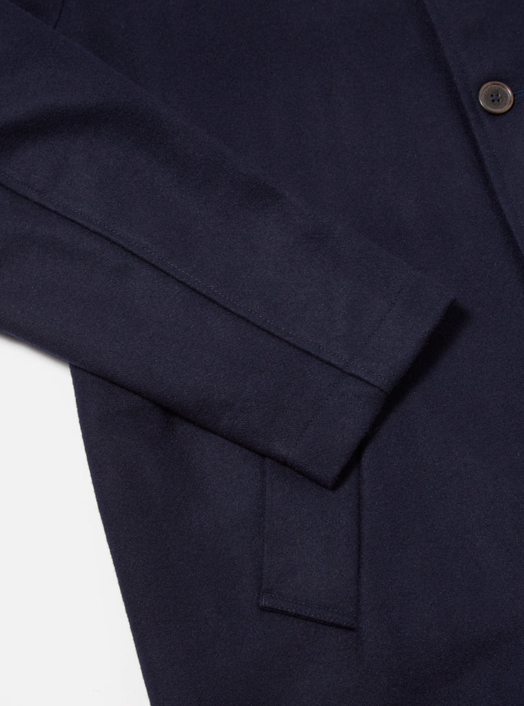 Universal Works Long Swing Overcoat in Navy Mowbray