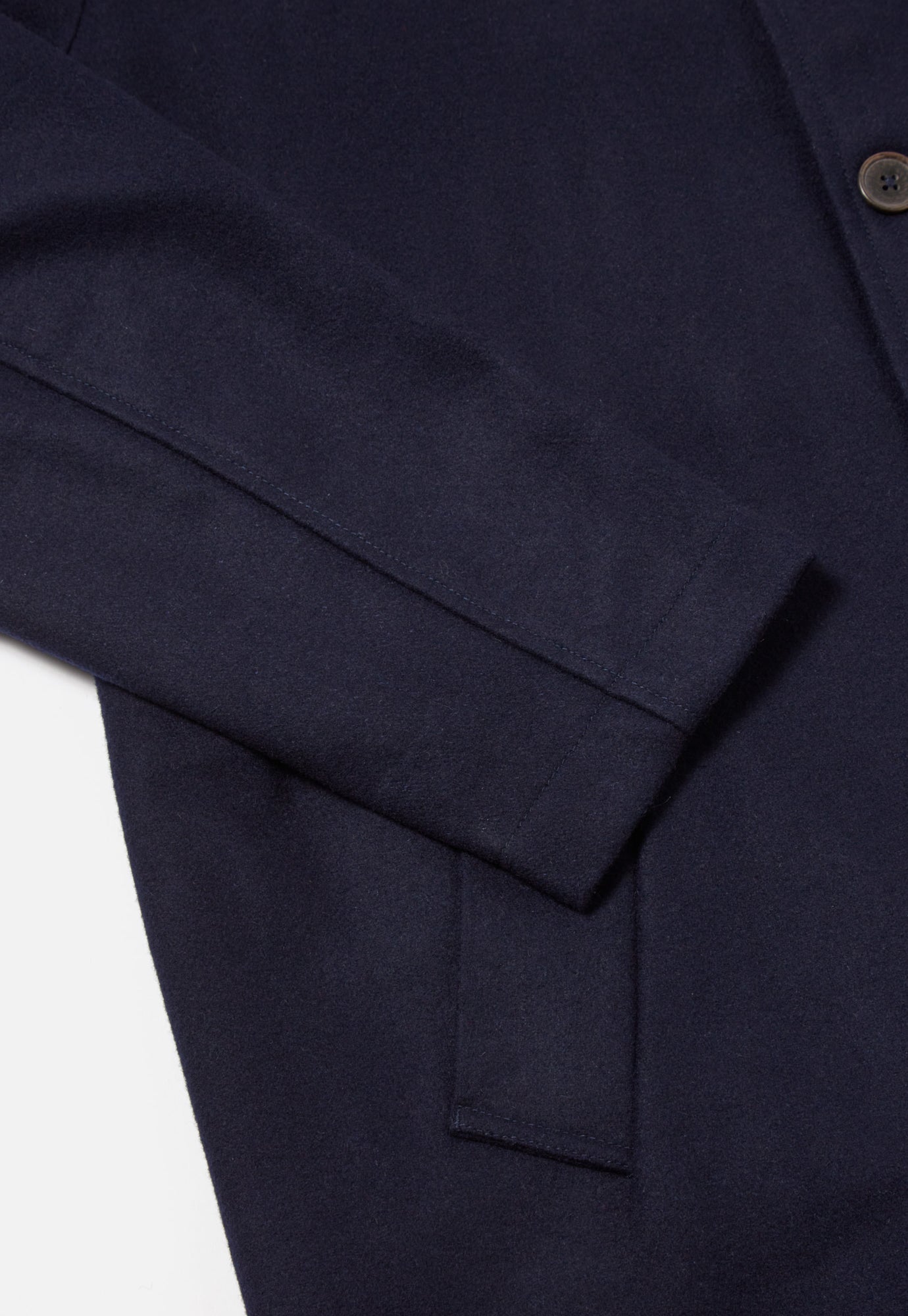 Universal Works Long Swing Overcoat in Navy Mowbray