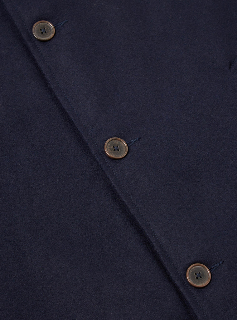 Universal Works Long Swing Overcoat in Navy Mowbray
