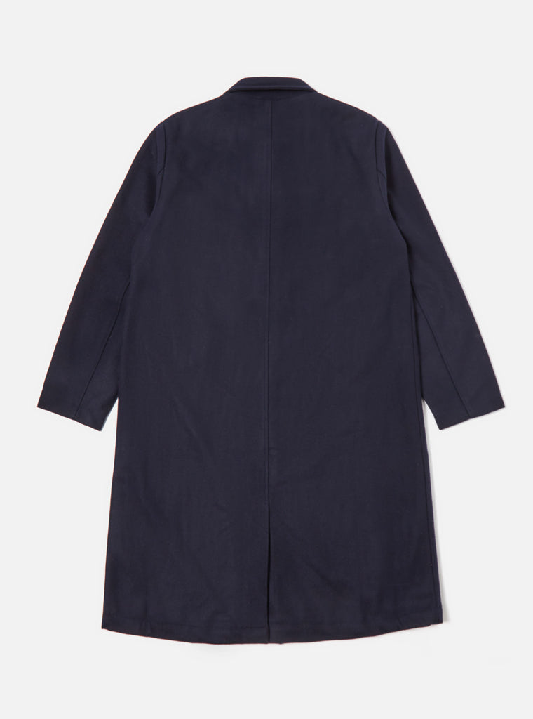 Universal Works Long Swing Overcoat in Navy Mowbray