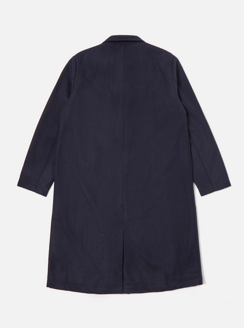Universal Works Long Swing Overcoat in Navy Mowbray