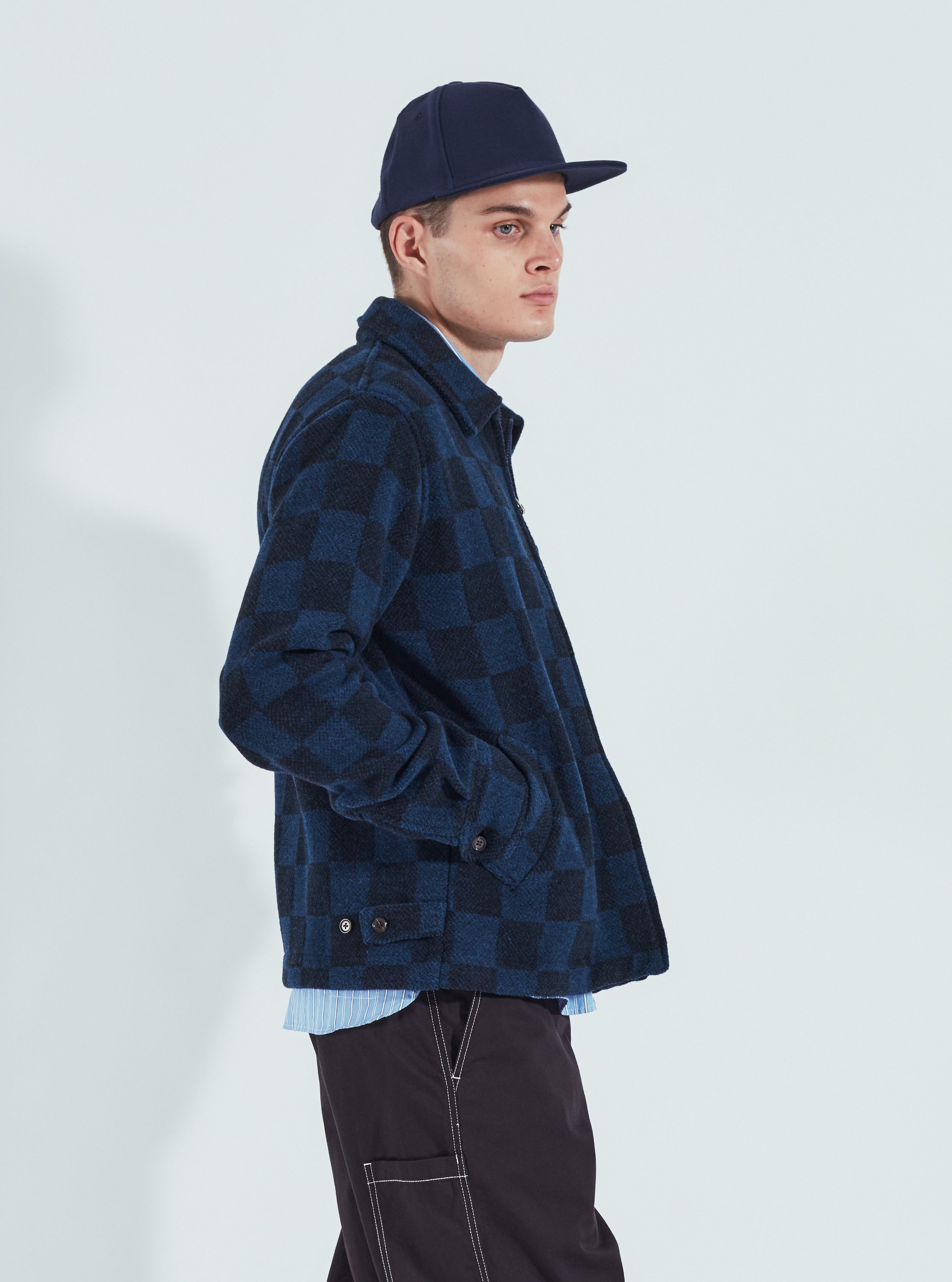 Universal Works Windcheater Jacket in Navy Checkerboard Lambswool