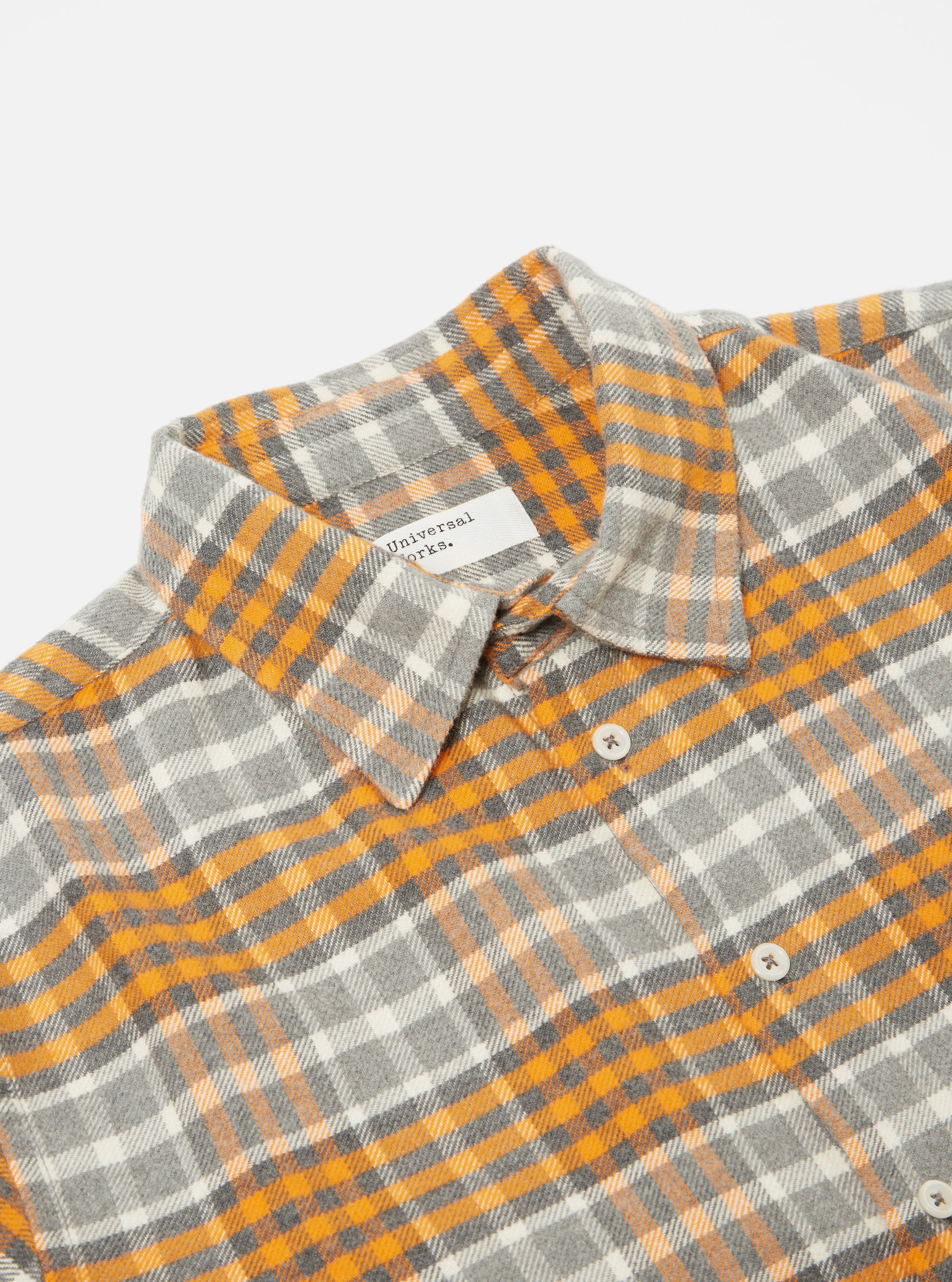 Universal Works Square Pocket Shirt in Grey Marl/Orange Brushed Cotton Plaid