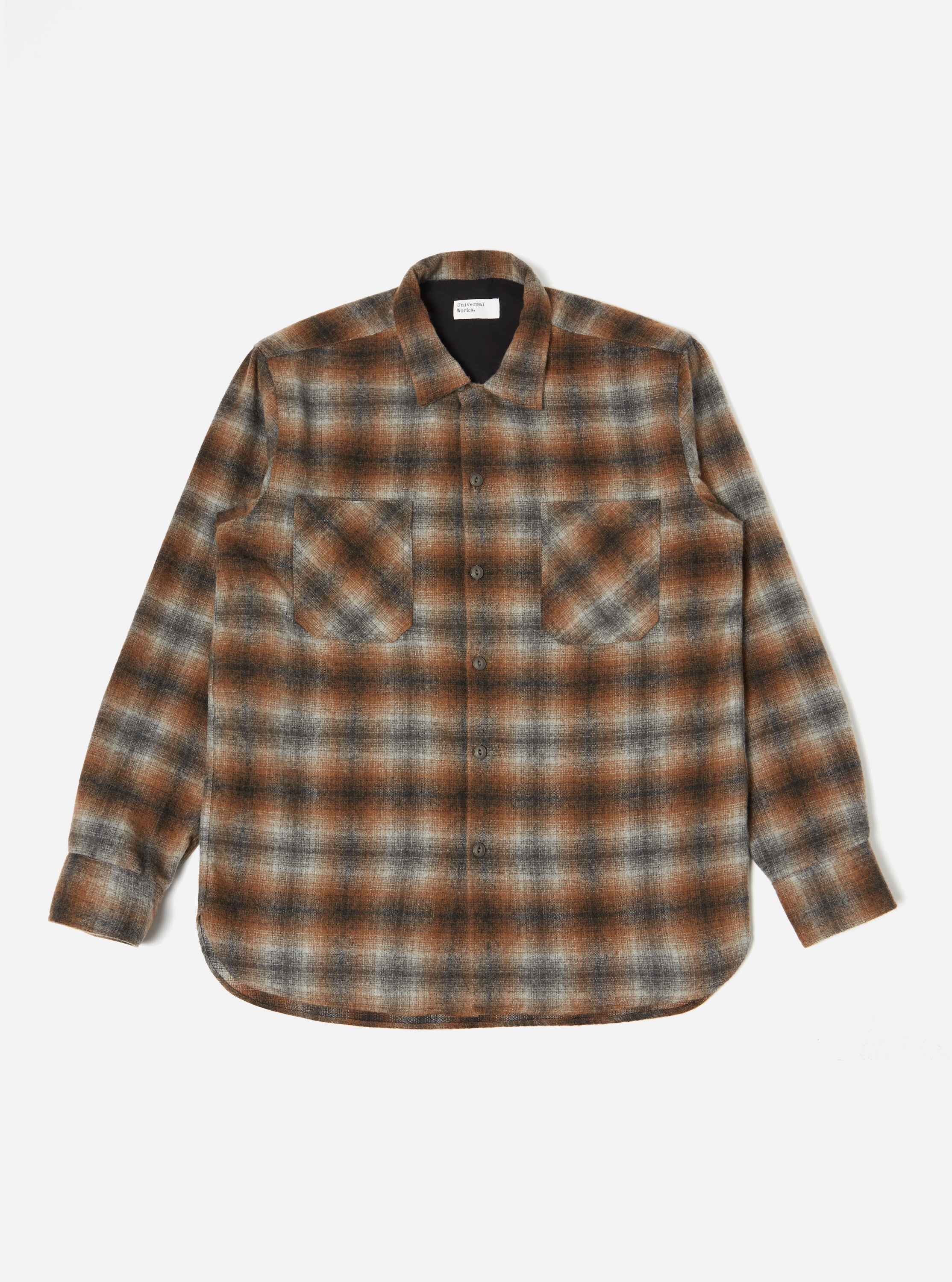 Universal Works Work Shirt in Brown Check Recycled Wool Mix Flannel