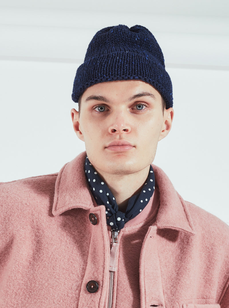 Universal Works Short Watch Cap in Navy Marl Kilcarra Wool