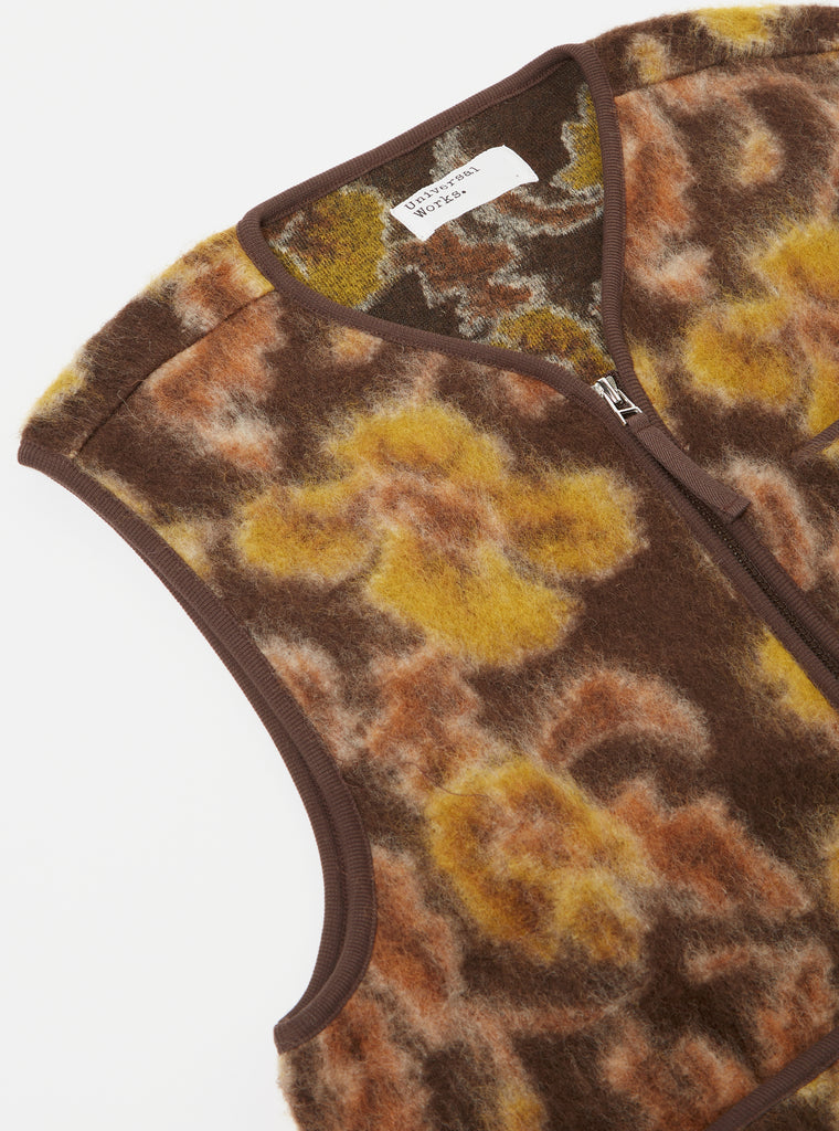 Universal Works Zip Gilet in Brown Flower Fleece