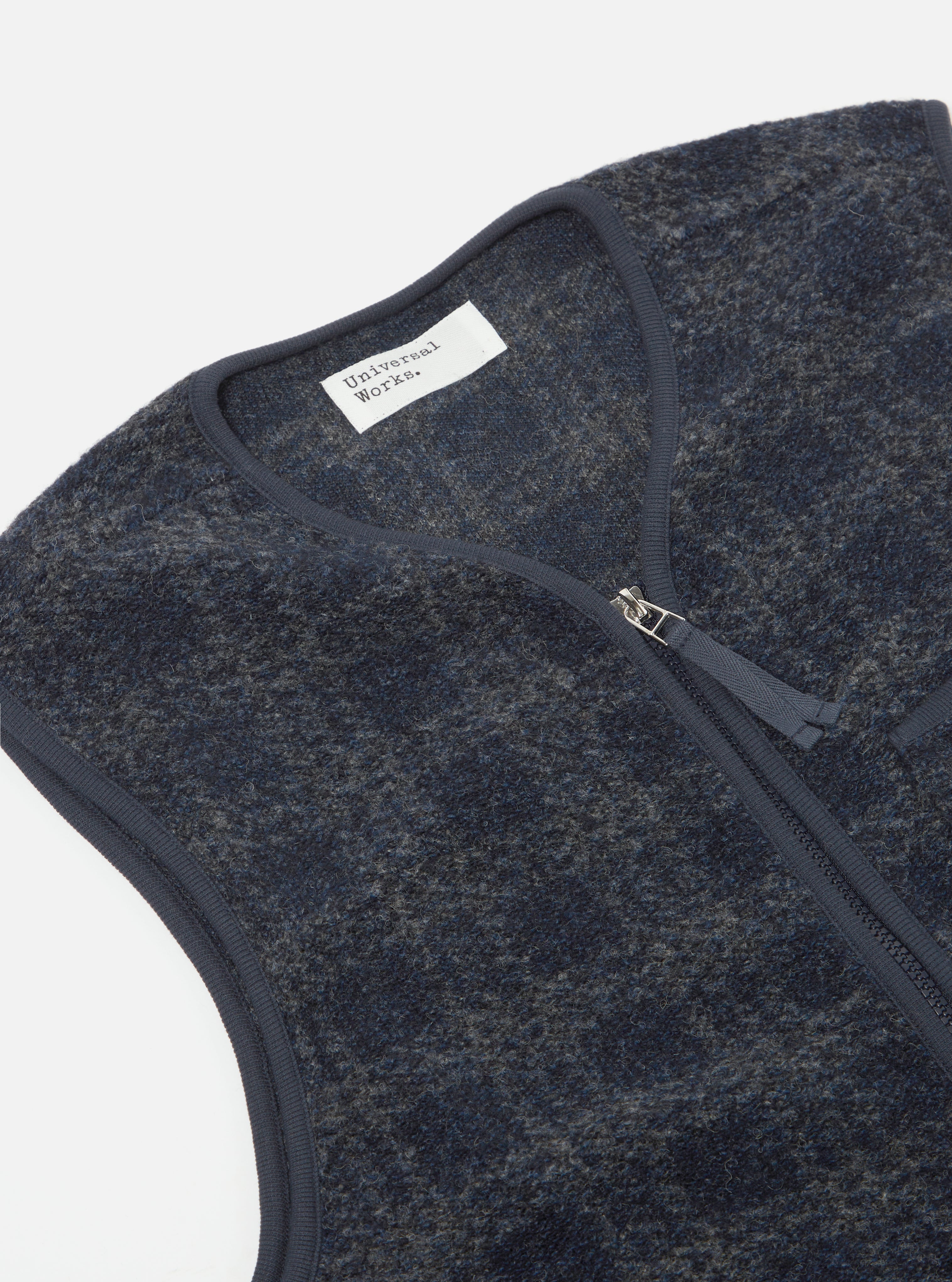 Universal Works Zip Gilet in Navy Swarm Fleece