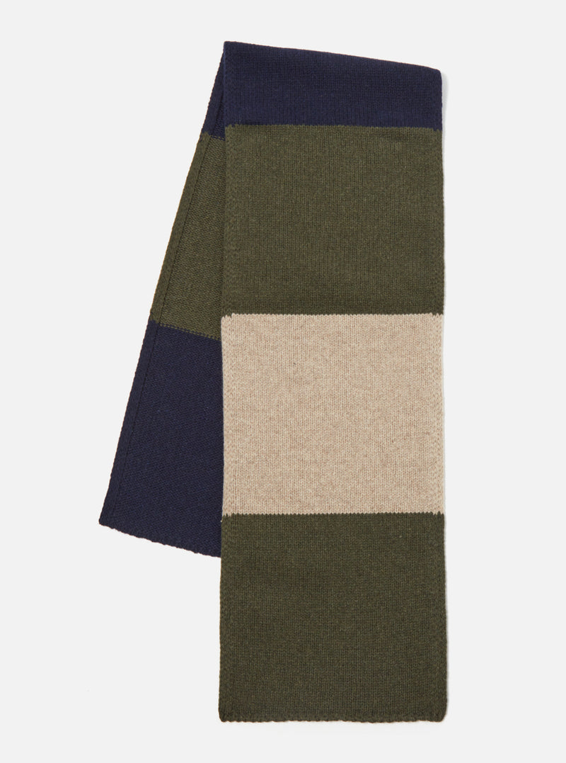 Universal Works Stripe Scarf in Navy/Olive/Oatmeal Mix Eco Wool Stripe
