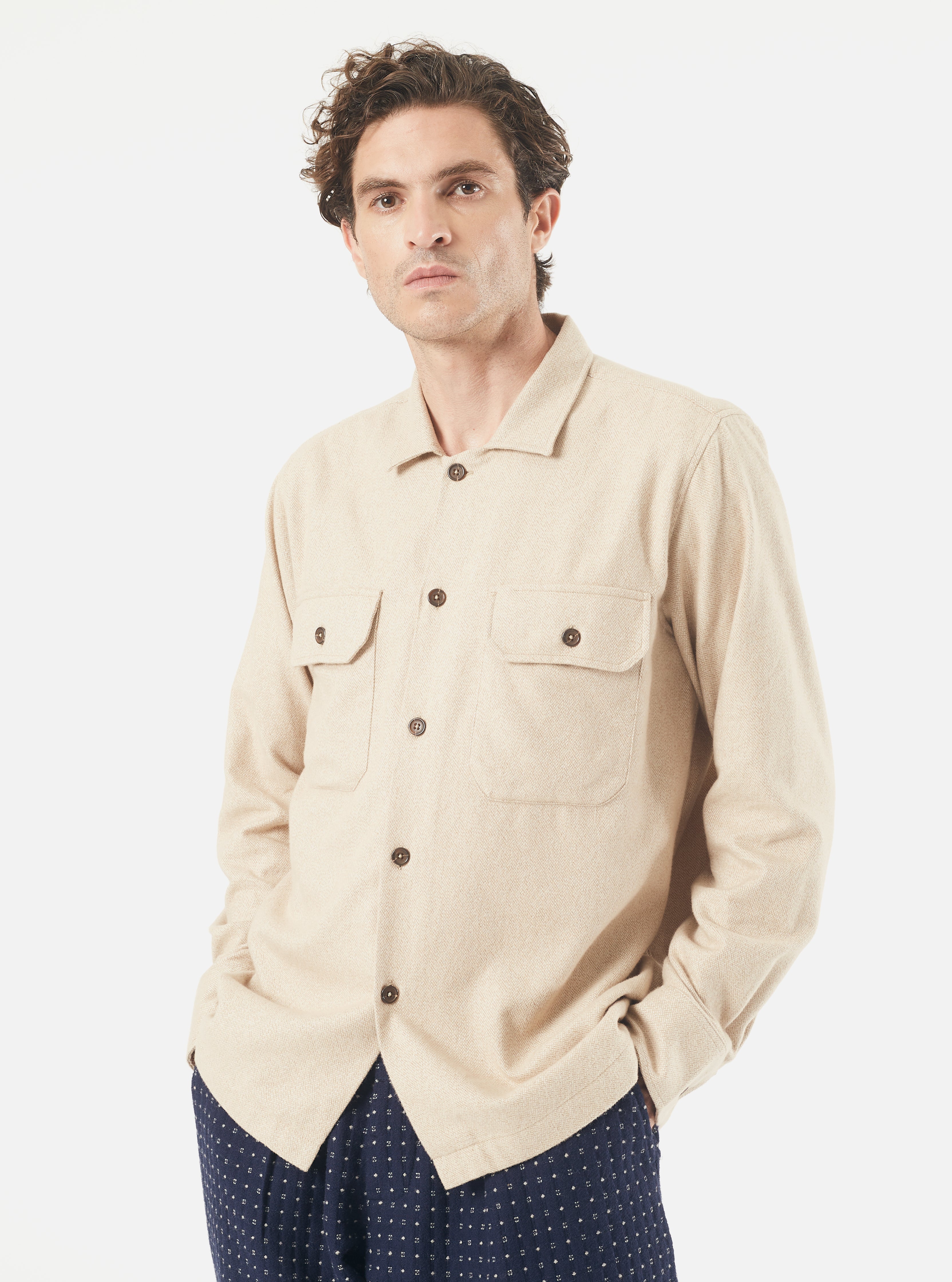 Universal Works L/S Utility Shirt in Sand Soft Flannel Cotton