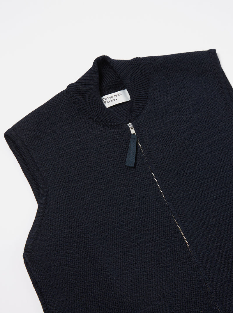 Universal Works Zip Knitwork Gilet in Navy Merino Knit