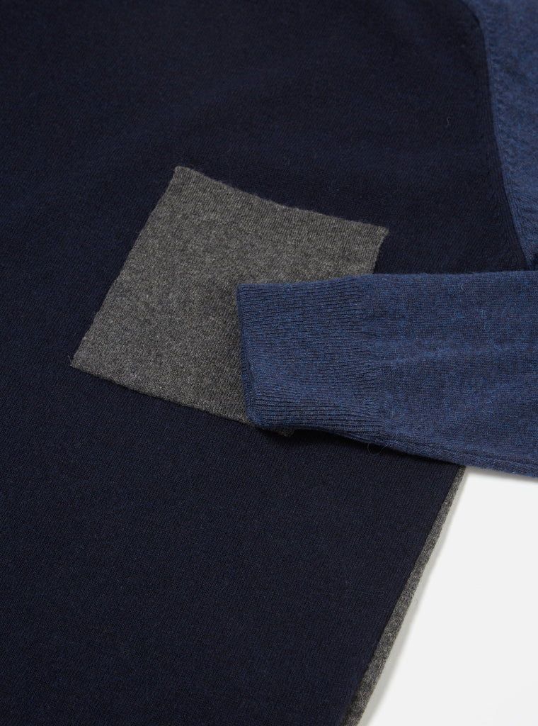 Universal Works Mixed Saddle Sleeve Crew in Navy/Indigo Cashmere Wool Mix