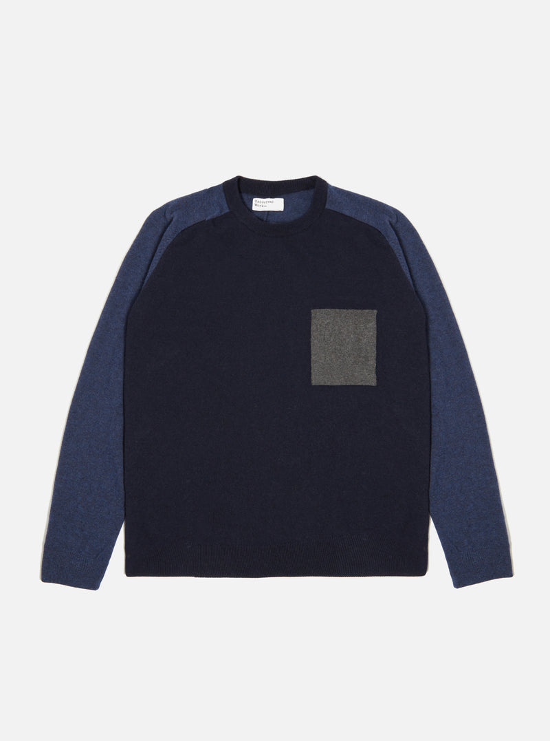 Universal Works Mixed Saddle Sleeve Crew in Navy/Indigo Cashmere Wool Mix