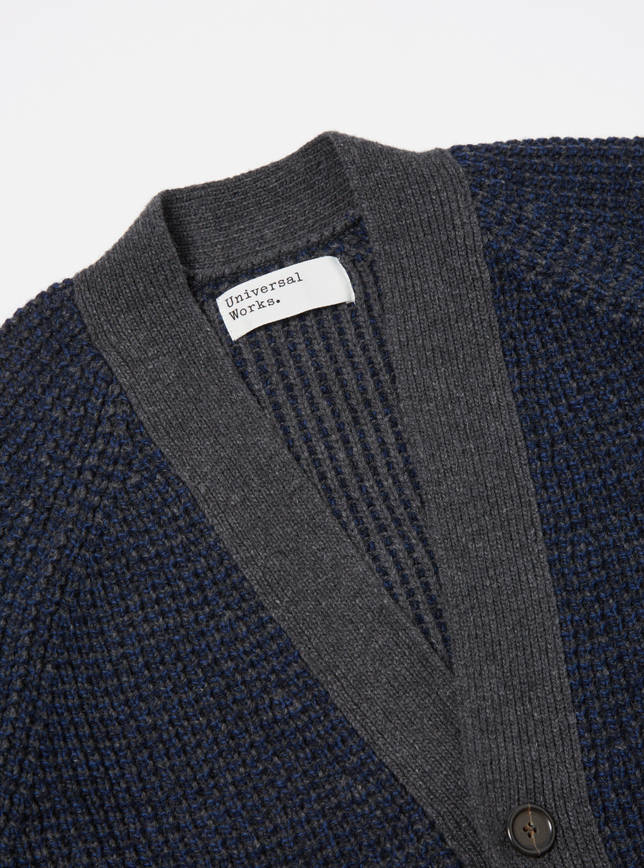 Universal Works Jacquard Cardigan in Navy/Grey Italian Wool