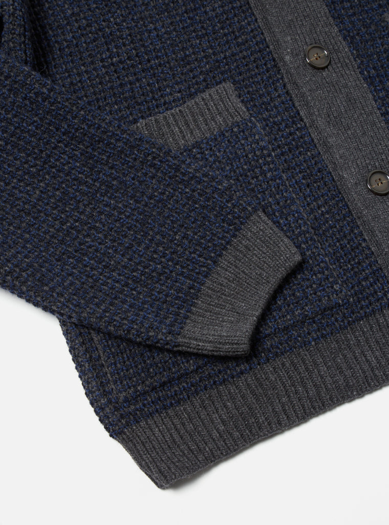 Universal Works Jacquard Cardigan in Navy/Grey Italian Wool