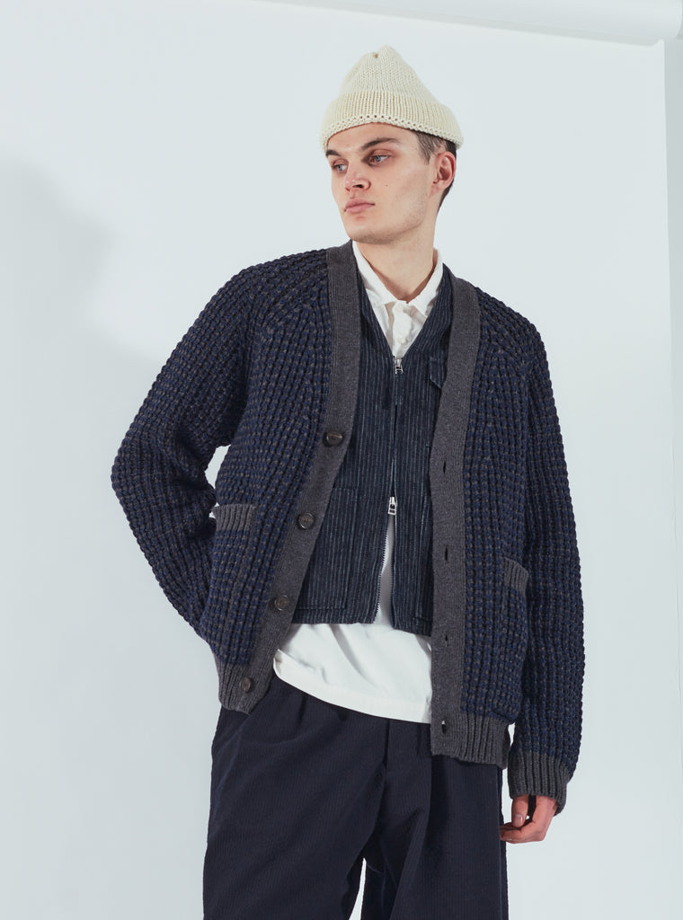 Universal Works Jacquard Cardigan in Navy/Grey Italian Wool
