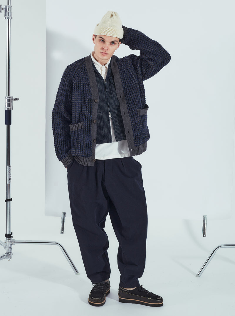 Universal Works Jacquard Cardigan in Navy/Grey Italian Wool