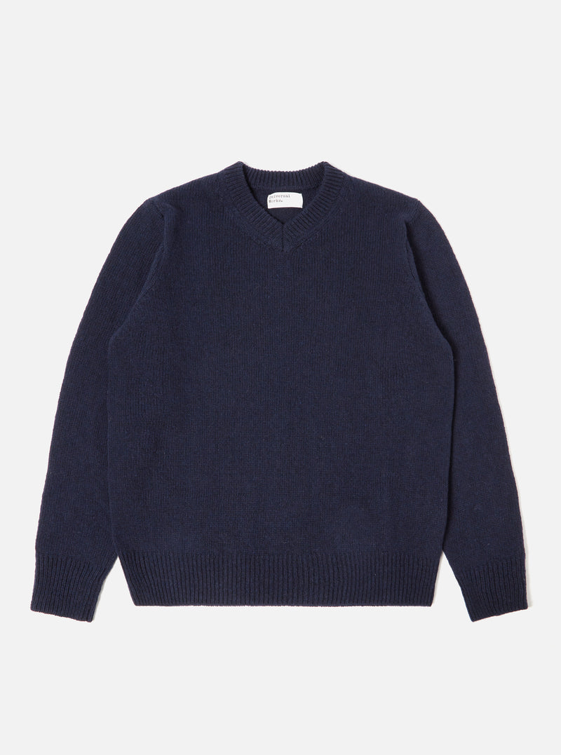 Universal Works V Neck Sweater in Navy Eco Wool
