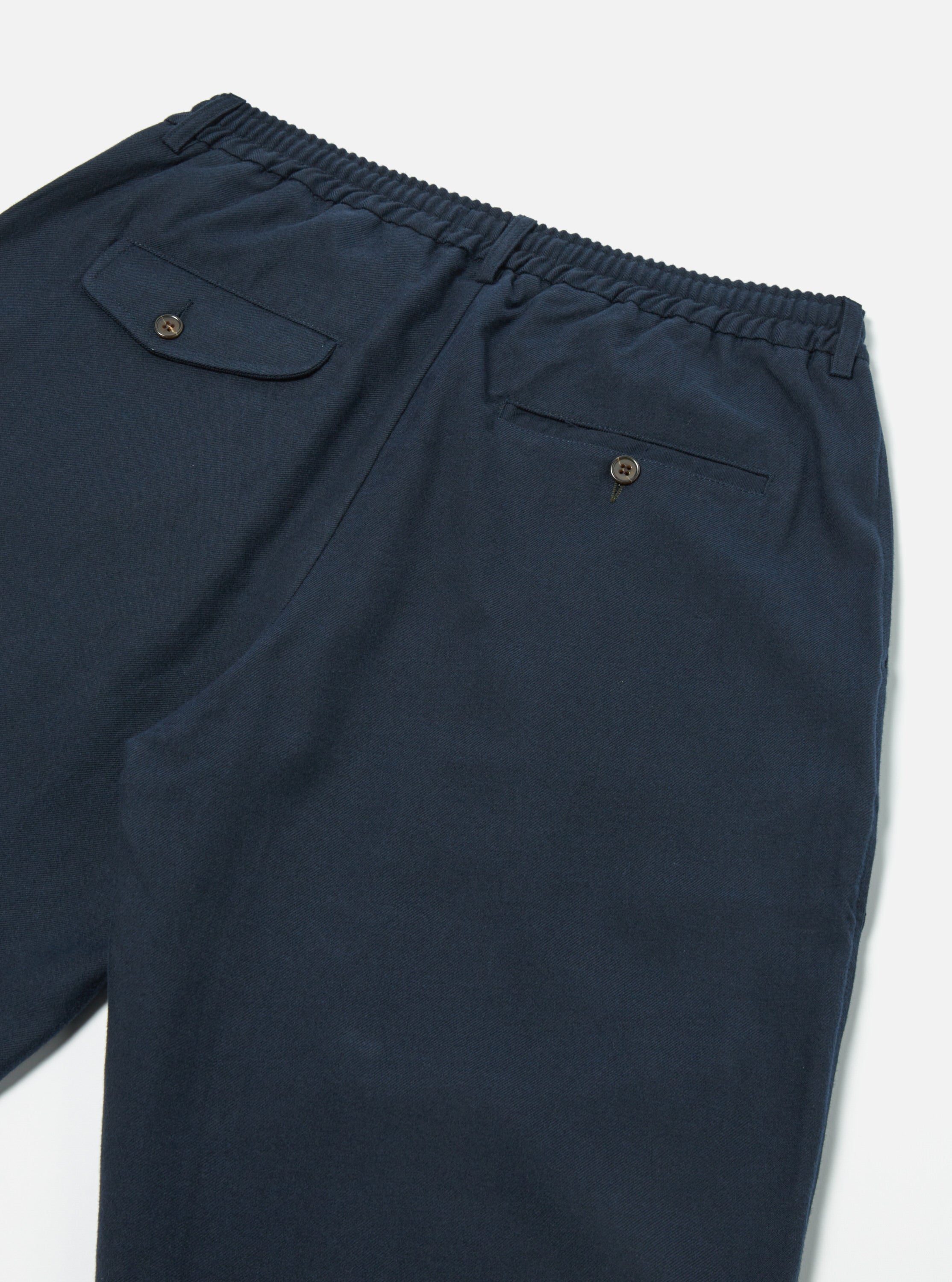 Universal Works Pleated Track Pant in Navy Cotton/Wool Twill