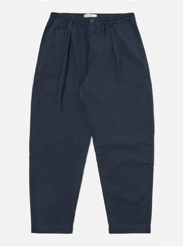 Universal Works Pleated Track Pant in Navy Cotton/Wool Twill