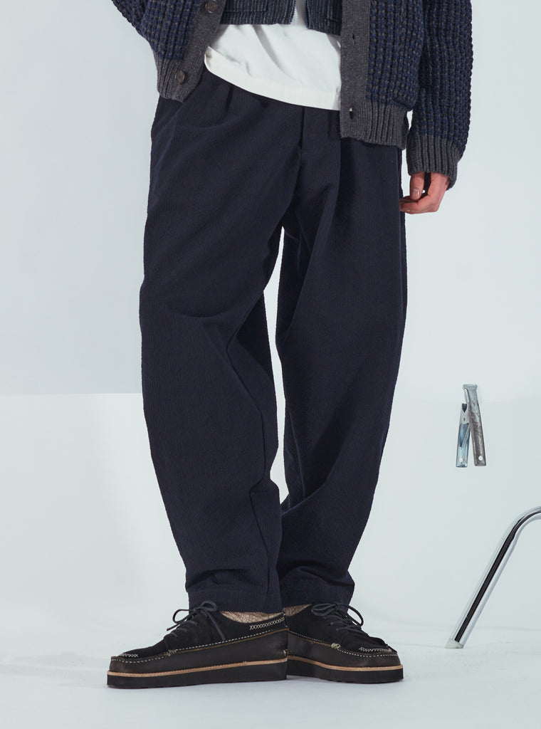 Universal Works Pleated Track Pant in Navy Wool Cotton Seersucker