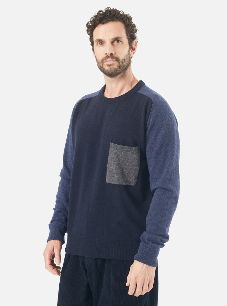 Universal Works Mixed Saddle Sleeve Crew in Navy/Indigo Cashmere Wool Mix