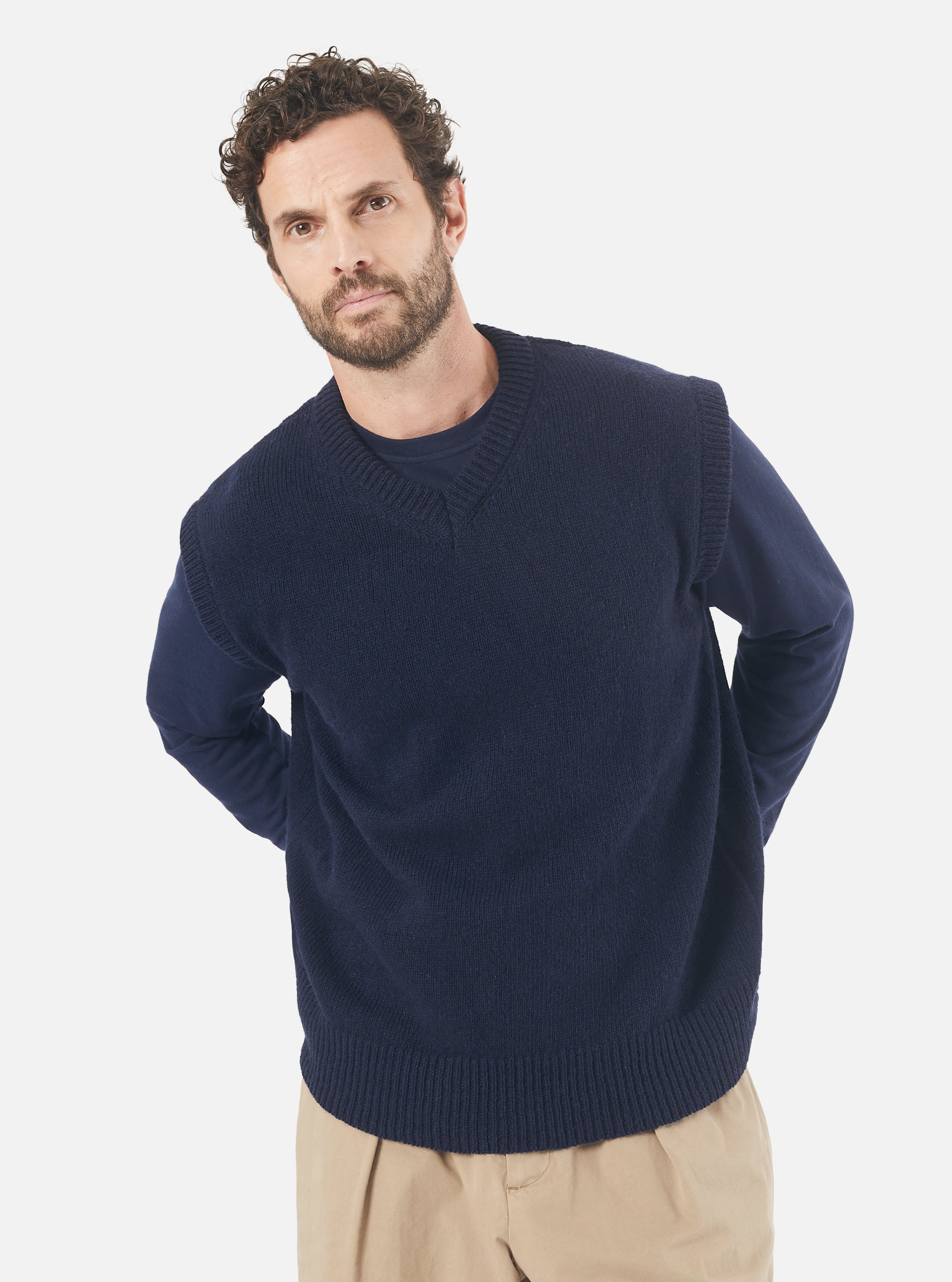Universal Works Sweater Vest in Navy Eco Wool