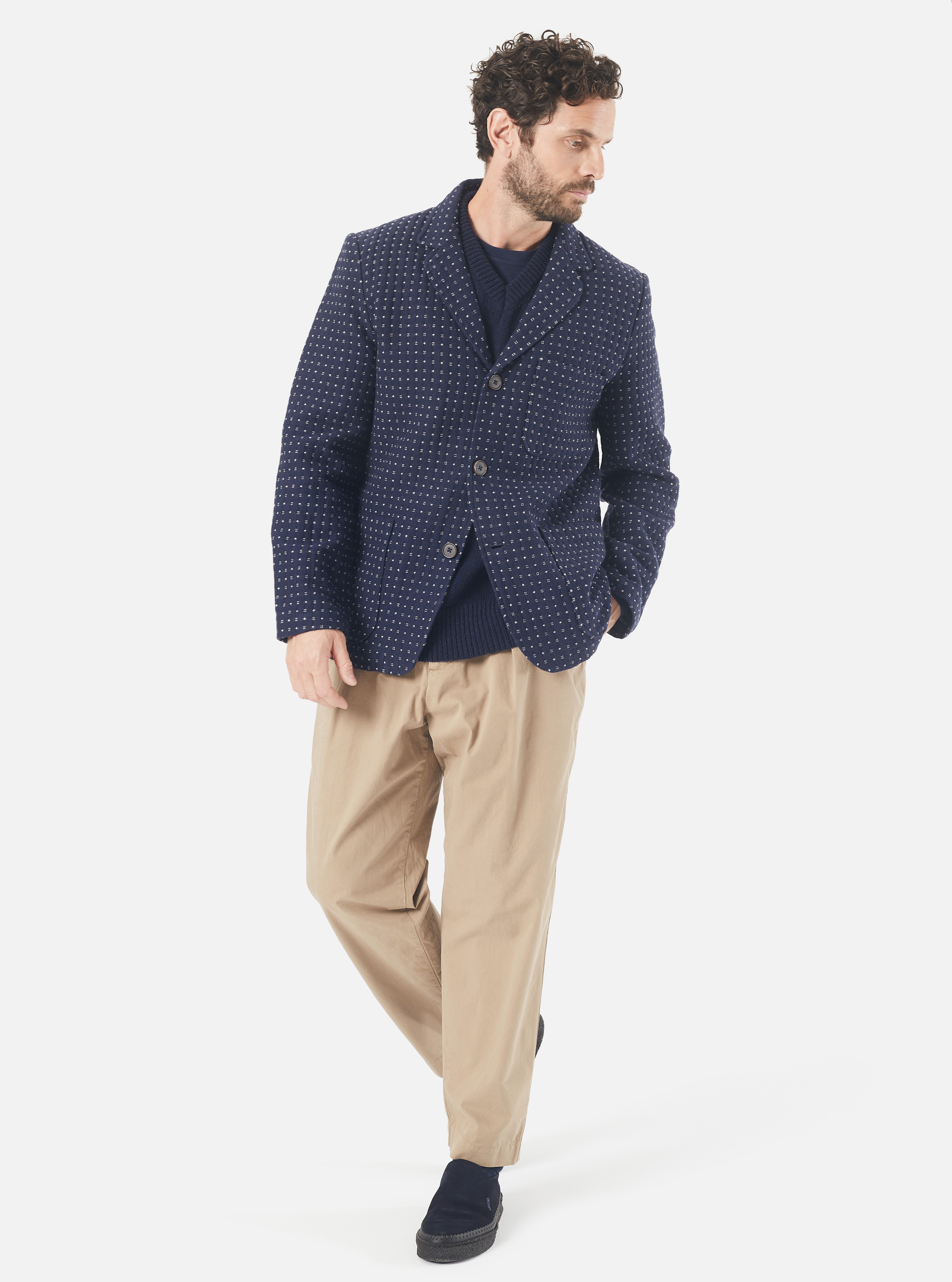 Universal Works Three Button Jacket in Indigo Shingora Dot