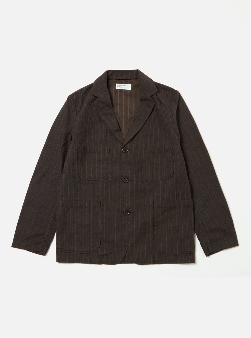 Universal Works Five Pocket Jacket in Brown Italian Pinstripe