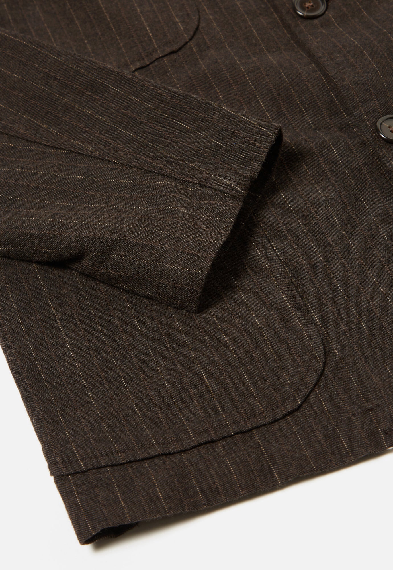 Universal Works Five Pocket Jacket in Brown Italian Pinstripe
