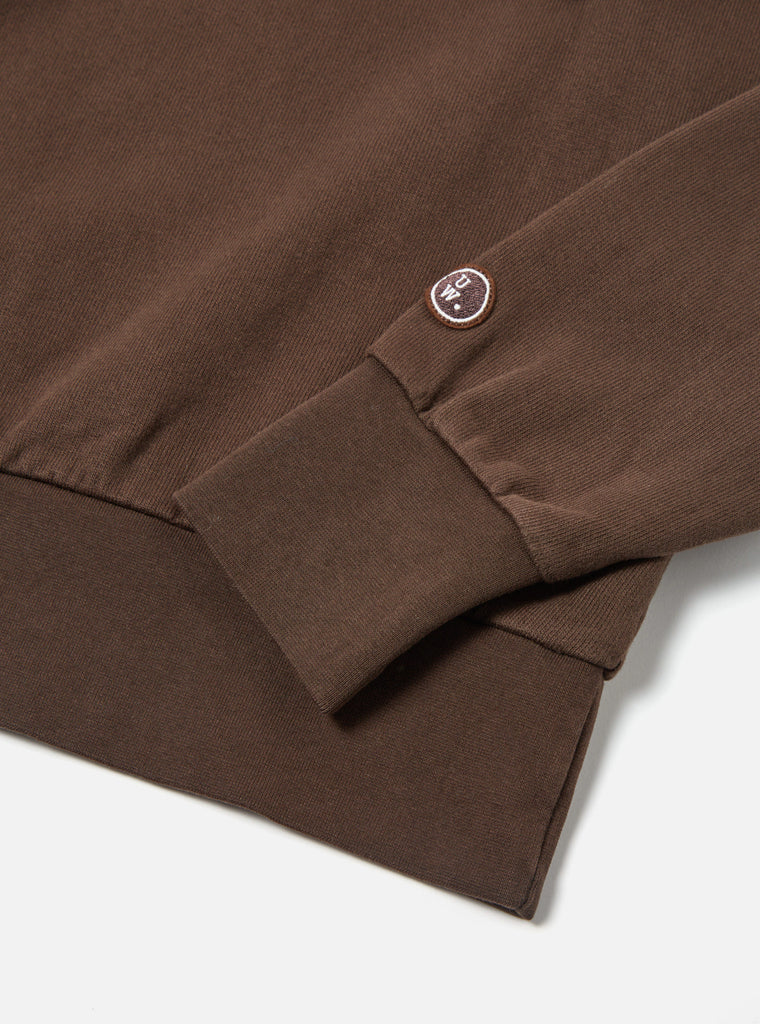 Universal Works Half Zip Sweatshirt in Brown Dry Handle Brushback