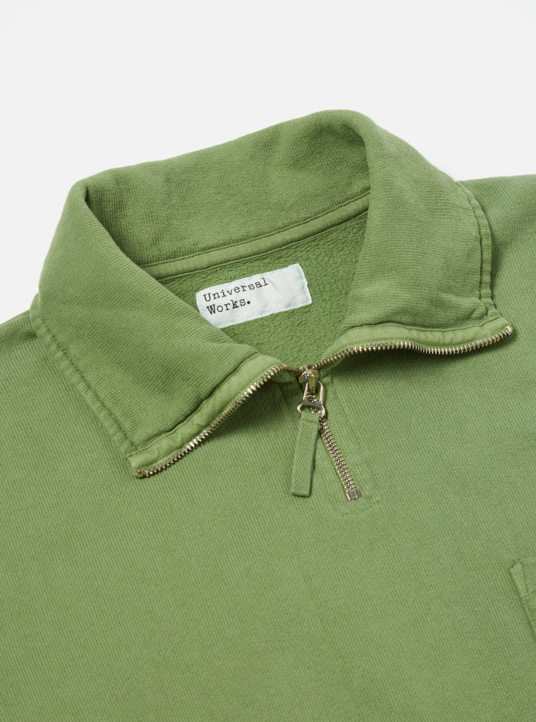 Universal Works Half Zip Sweatshirt in Green Dry Handle Brushback