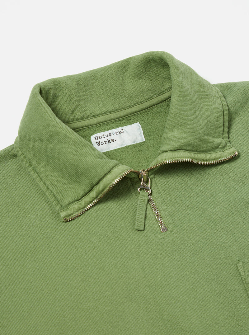 Universal Works Half Zip Sweatshirt in Green Dry Handle Brushback