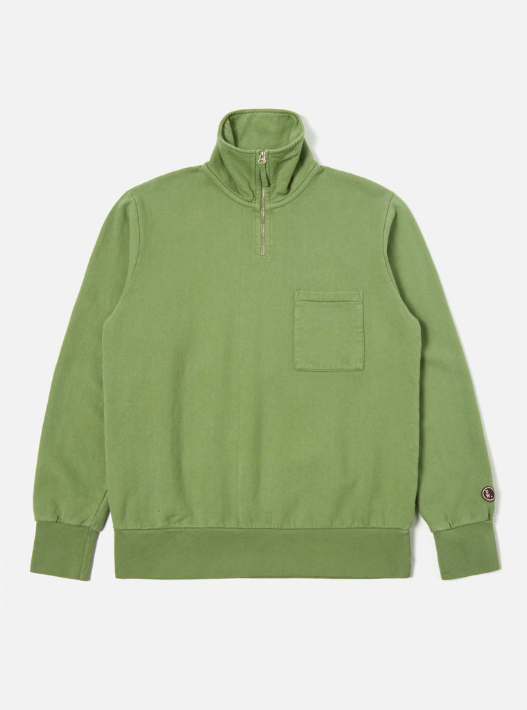 Universal Works Half Zip Sweatshirt in Green Dry Handle Brushback
