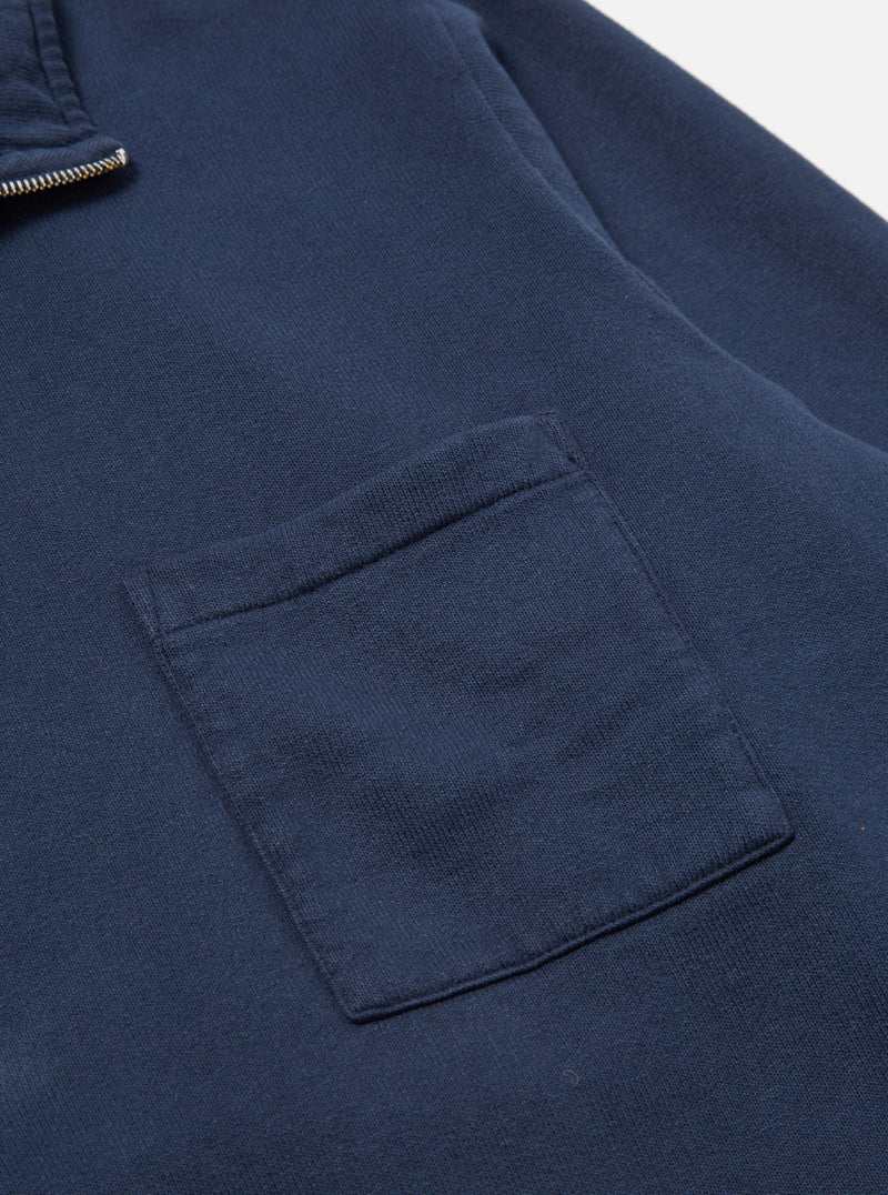 Universal Works Half Zip Sweatshirt in Navy Dry Handle Brushback