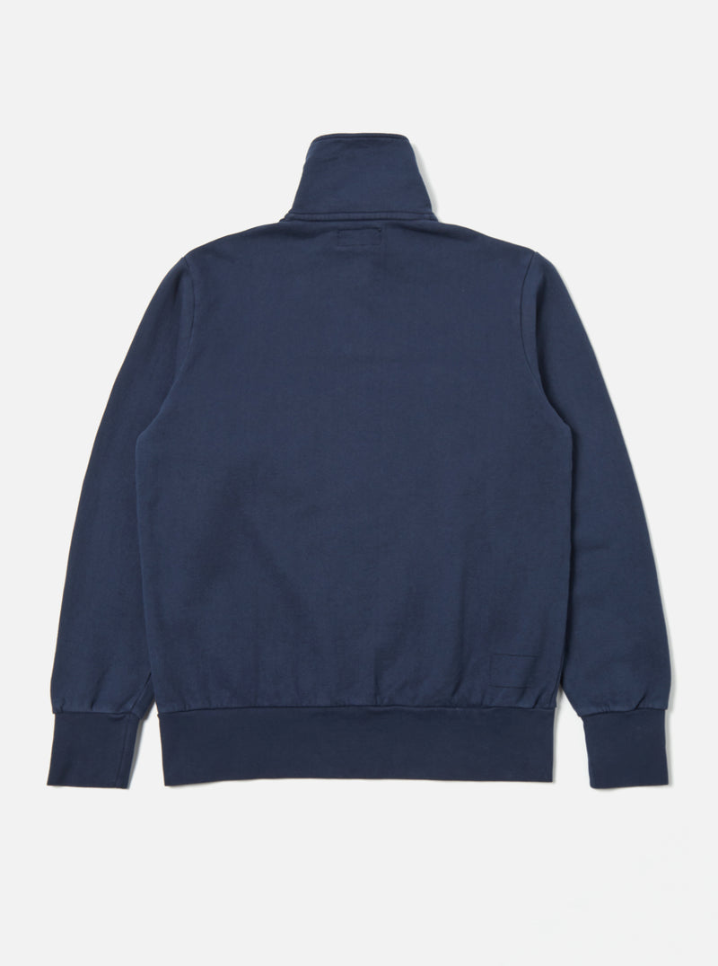 Universal Works Half Zip Sweatshirt in Navy Dry Handle Brushback