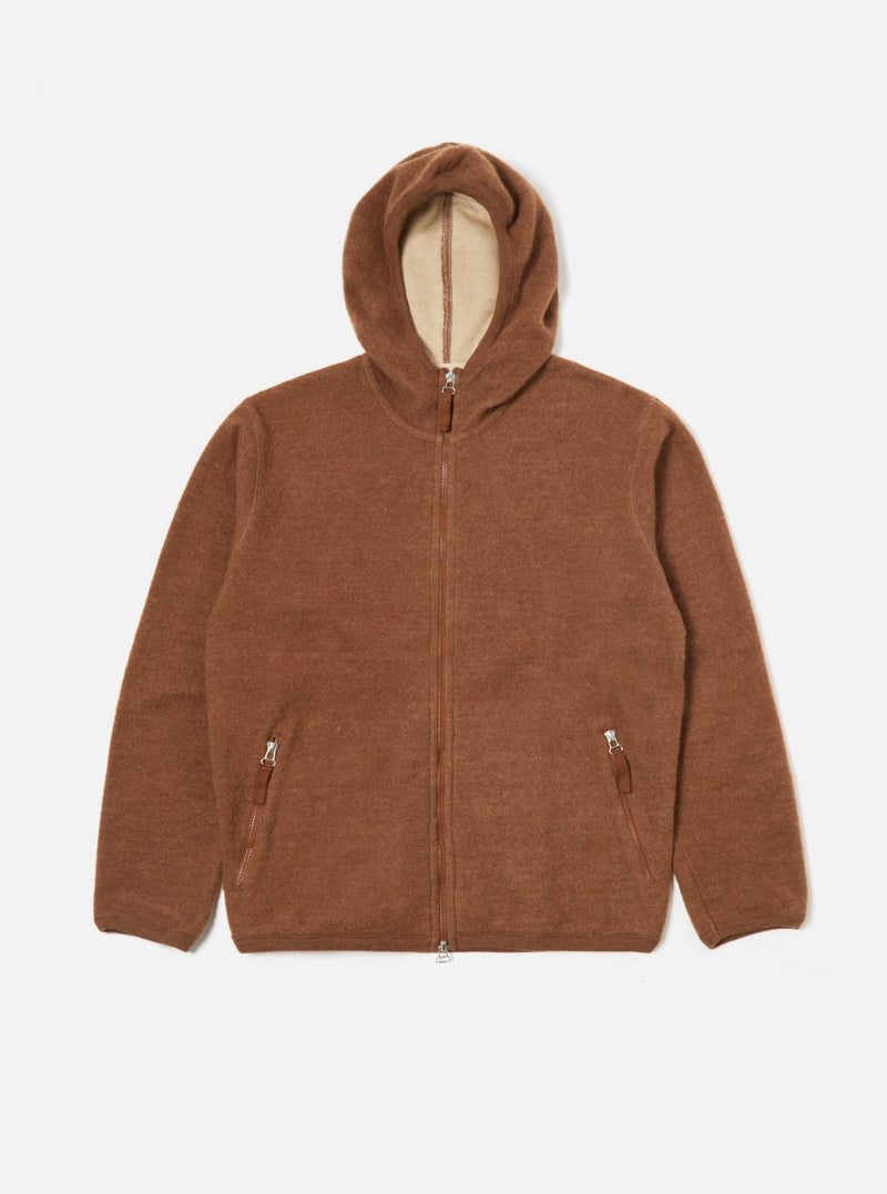 Universal Works Surfer Hoodie in Brown Soft Wool Cotton Knit