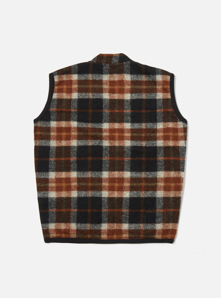 Universal Works Zip Waistcoat in Brown British Check Fleece