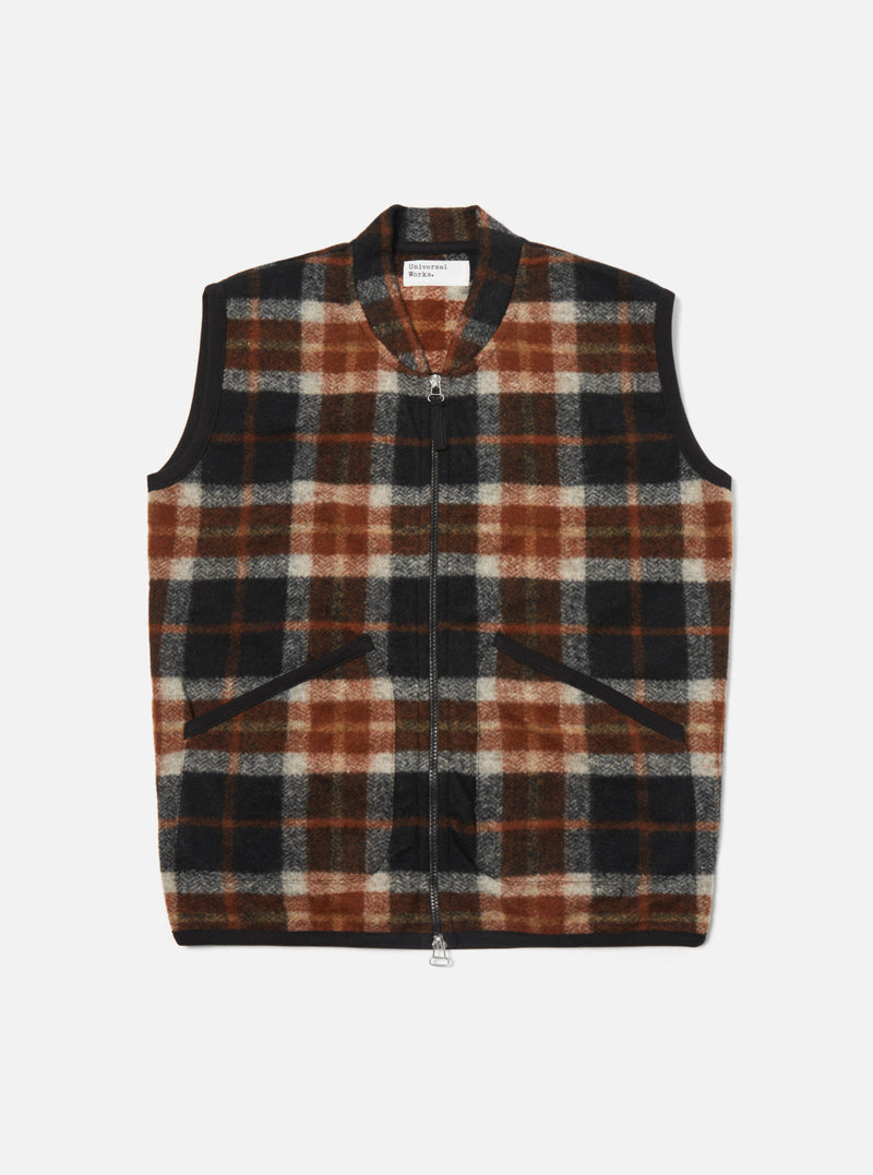 Universal Works Zip Waistcoat in Brown British Check Fleece