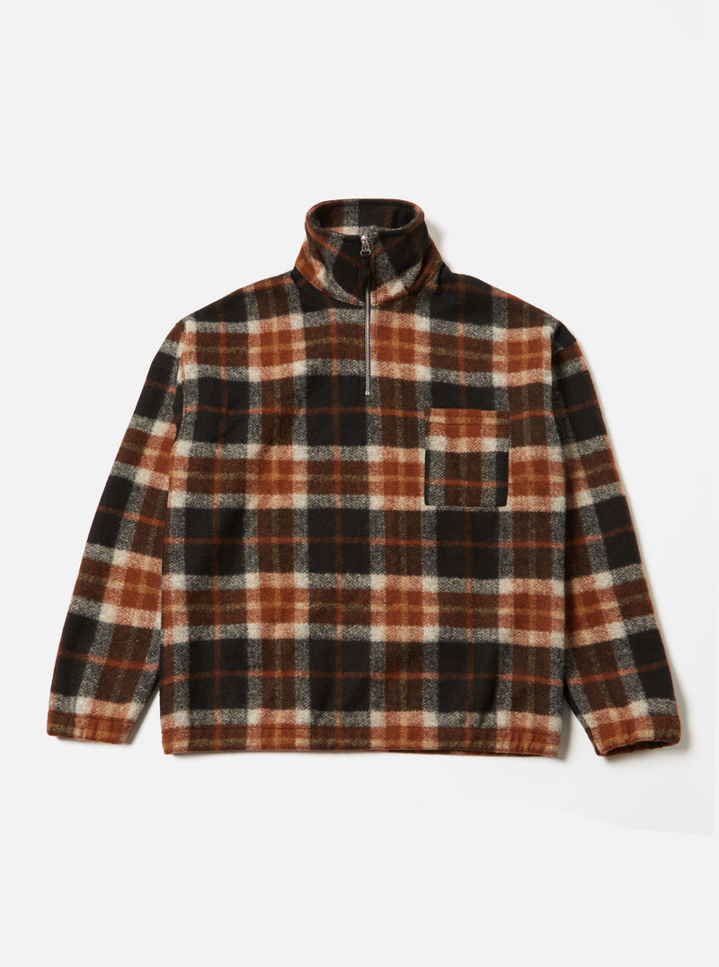 Universal Works Ramsay Quarter Zip in Brown British Check Fleece
