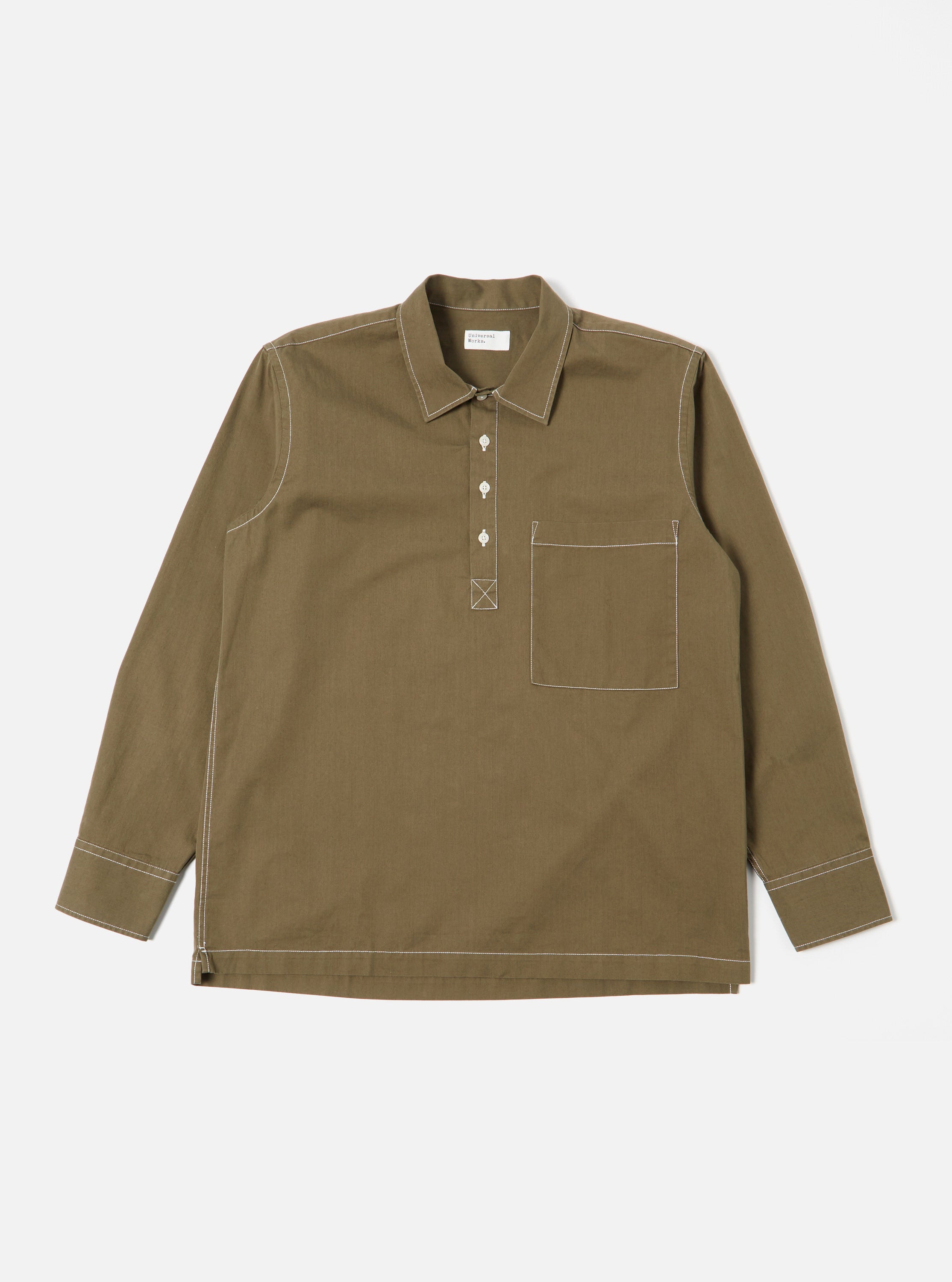 Universal Works Pullover L/S Shirt in Olive Scuba Cotton